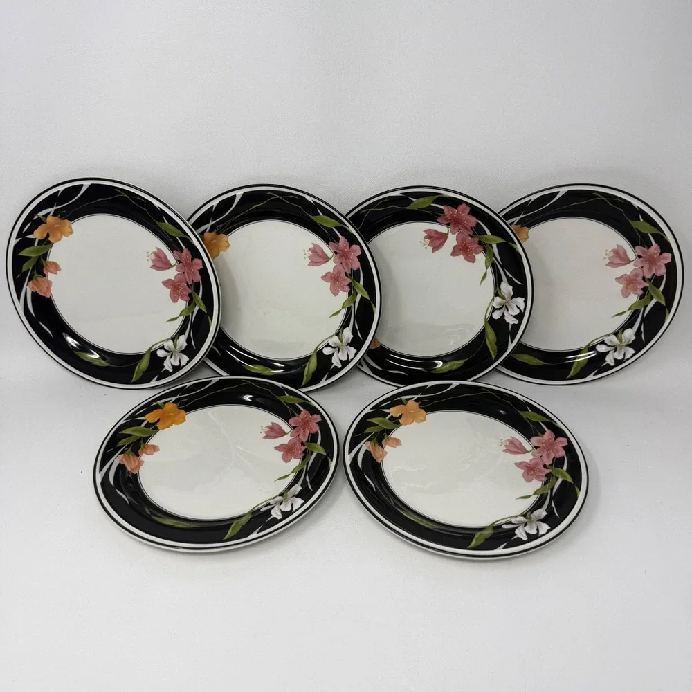 Sango Memories 3665 Bread and‎ Butter Plates Set 6 Floral Black Rim 7.5 inch